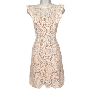 NEW VICI Ivory Floral Lace Ruffle Nude Lining Sleeveless Sheath Boho Dress M